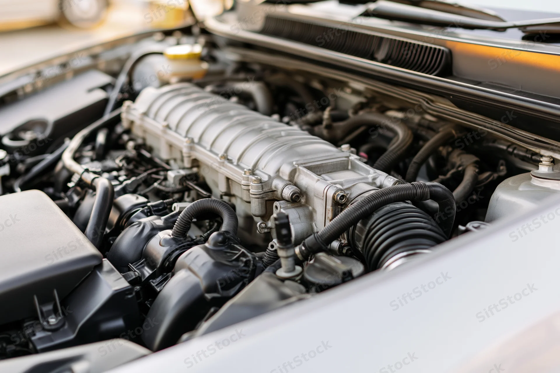 Close-up of a car engine bay with hood open showing internal components and mechanical parts