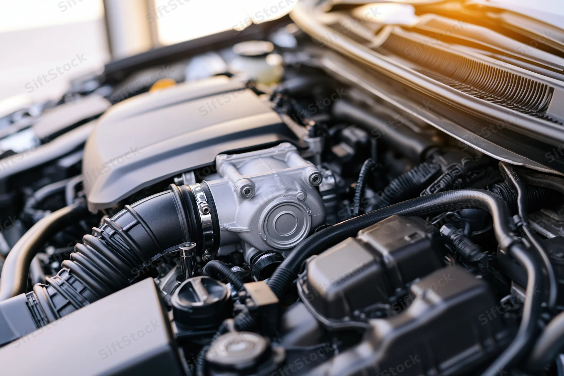 Close-up of a modern car engine bay with hood open showing internal components and mechanical parts