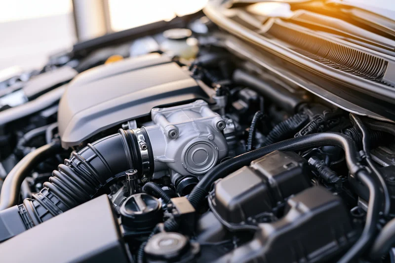 Close-up of a modern car engine bay with hood open showing internal components and mechanical parts