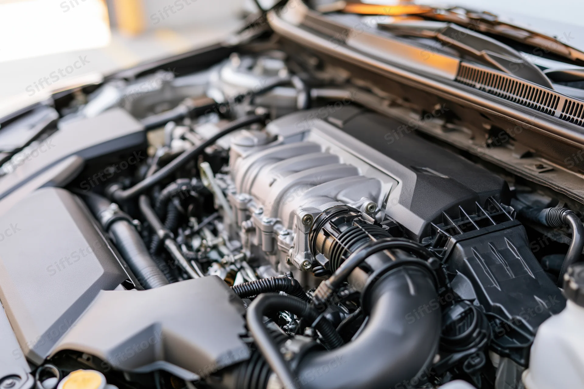 Close-up of a modern car engine bay with hood open showing internal components and mechanical parts