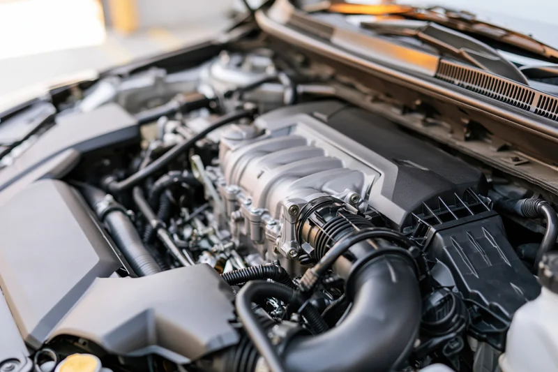 Close-up of a modern car engine bay with hood open showing internal components and mechanical parts