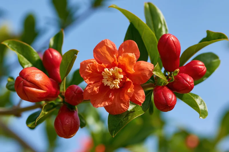 Pomegranate flower in full bloom with buds and green leaves on a branch against a blue sky