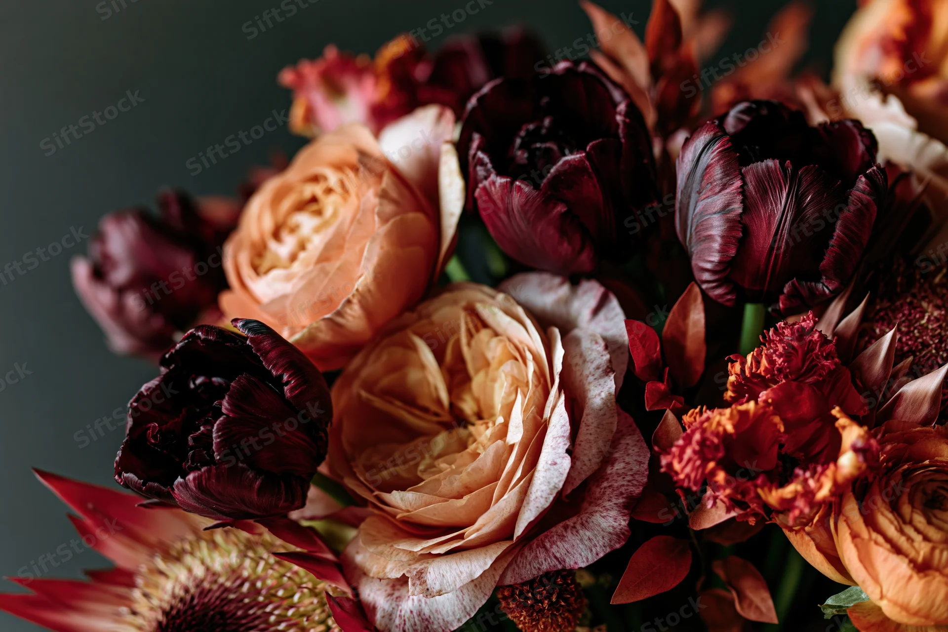 Close-up of a richly layered autumn floral arrangement with burgundy tulips and peach roses against a dark background