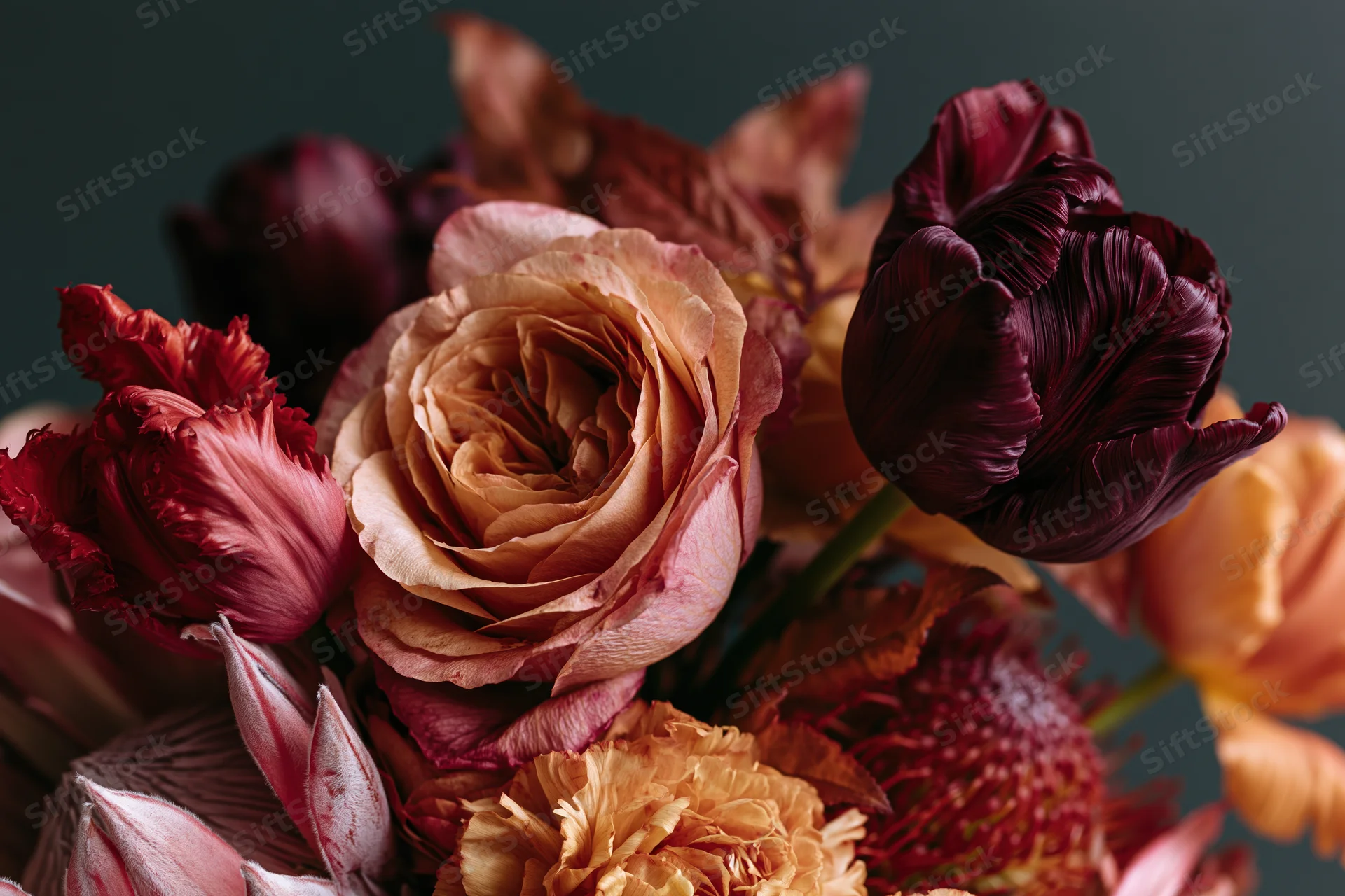Close-up of a richly layered autumn floral arrangement featuring roses, tulips and carnations in deep burgundy, peach and orange tones