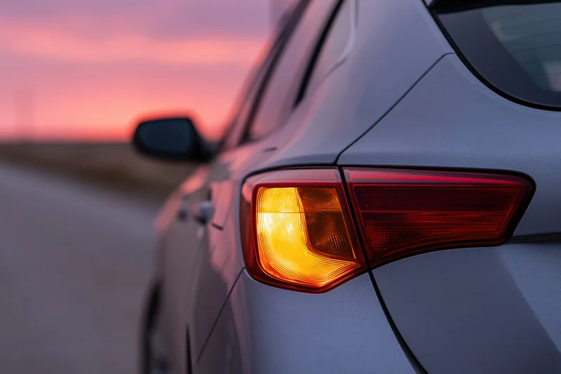 Close-up of a silver car's illuminated tail light glowing amber against a pink and orange twilight sky