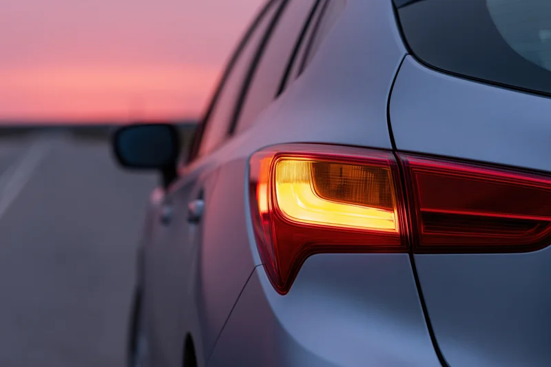 Close-up of a silver car's illuminated tail light glowing amber at twilight on a road