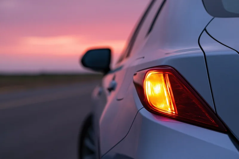 Close-up of a silver car's illuminated tail light glowing amber at twilight on a road