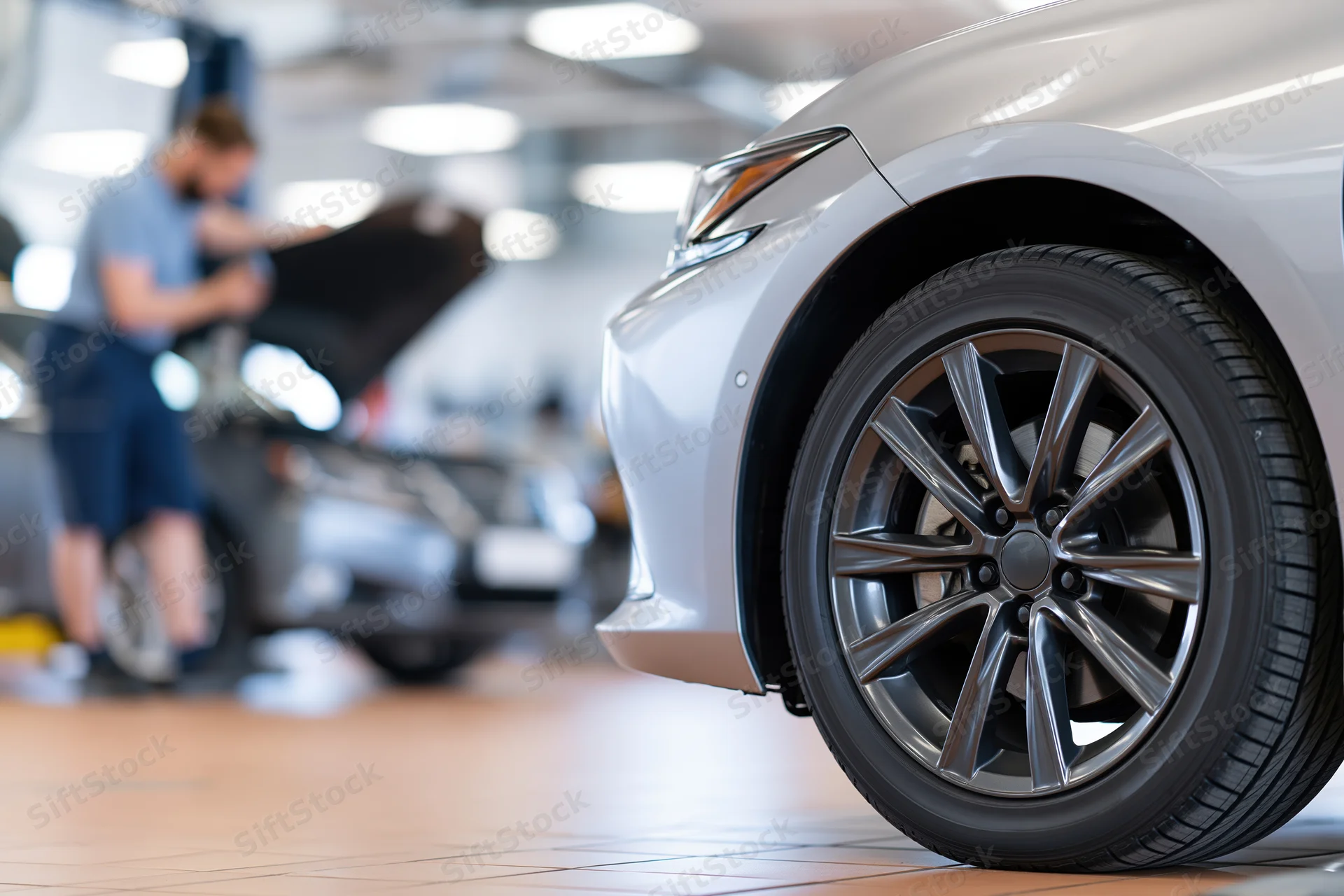 Close-up of a silver luxury sedan's front wheel and alloy rim in a garage with a mechanic working on another car in the background