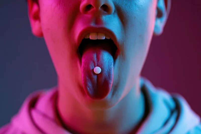 Close-up of a young person's open mouth with tongue extended showing a pill under neon pink and blue lighting