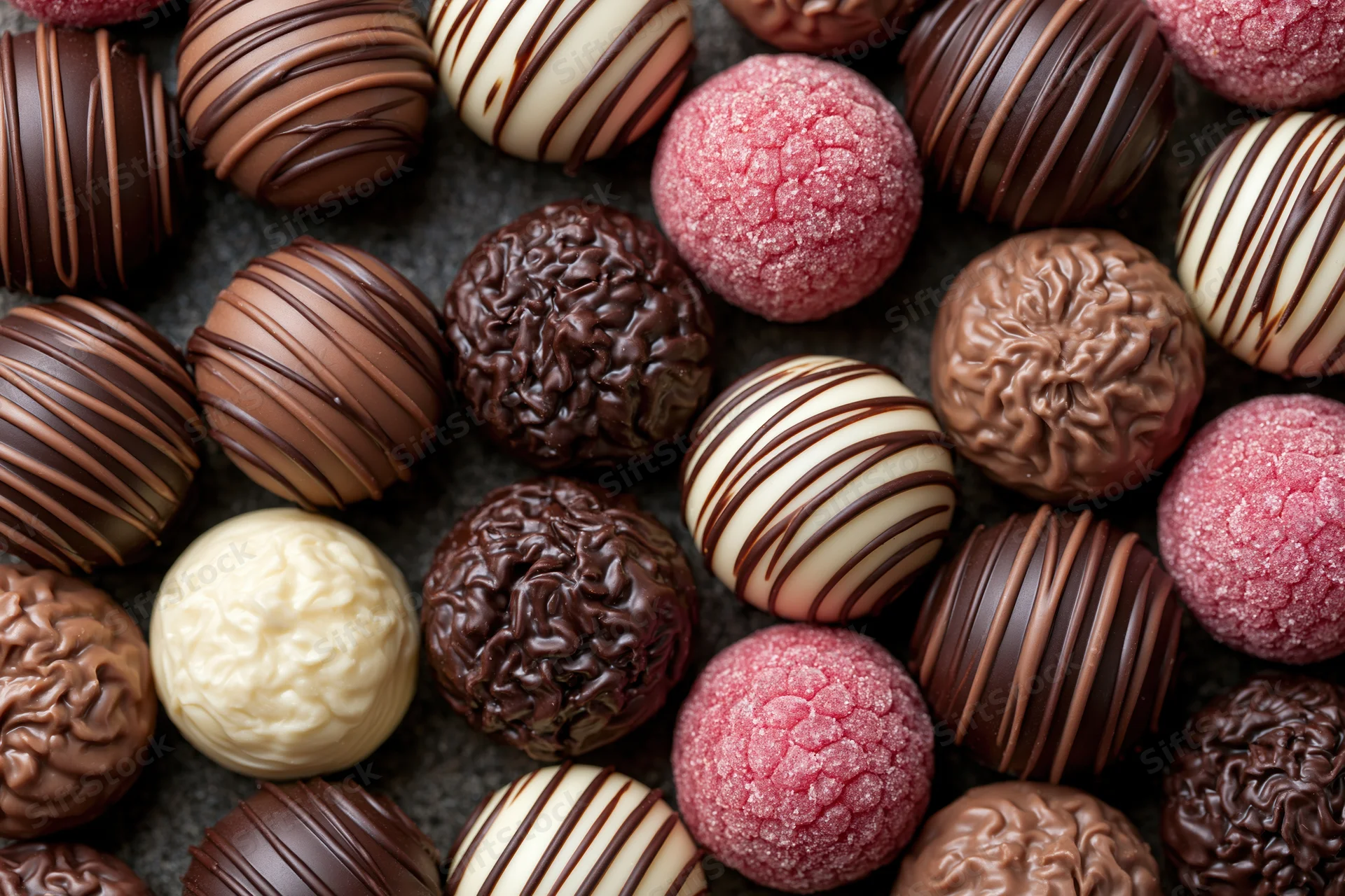 Assorted handcrafted chocolate truffles arranged overhead on dark surface