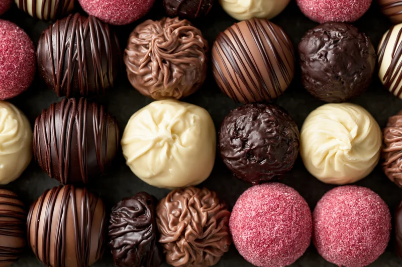 Assorted handcrafted chocolate truffles arranged in rows on dark surface, overhead close-up view