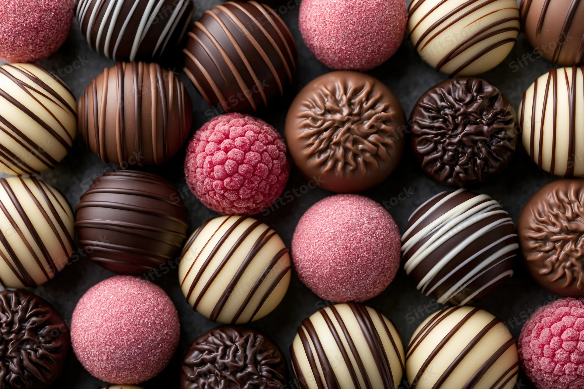 Assorted handcrafted chocolate truffles arranged in a close-up overhead view on dark surface