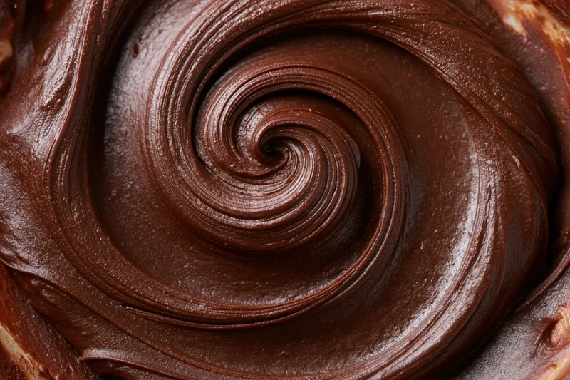 Close-up overhead view of dark chocolate ganache swirled into a spiral pattern
