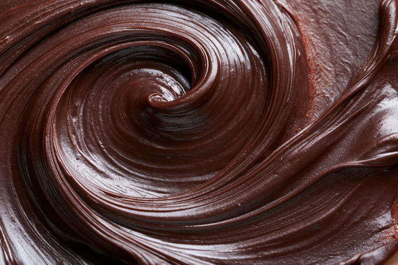 Close-up overhead view of dark chocolate ganache swirled into a glossy spiral