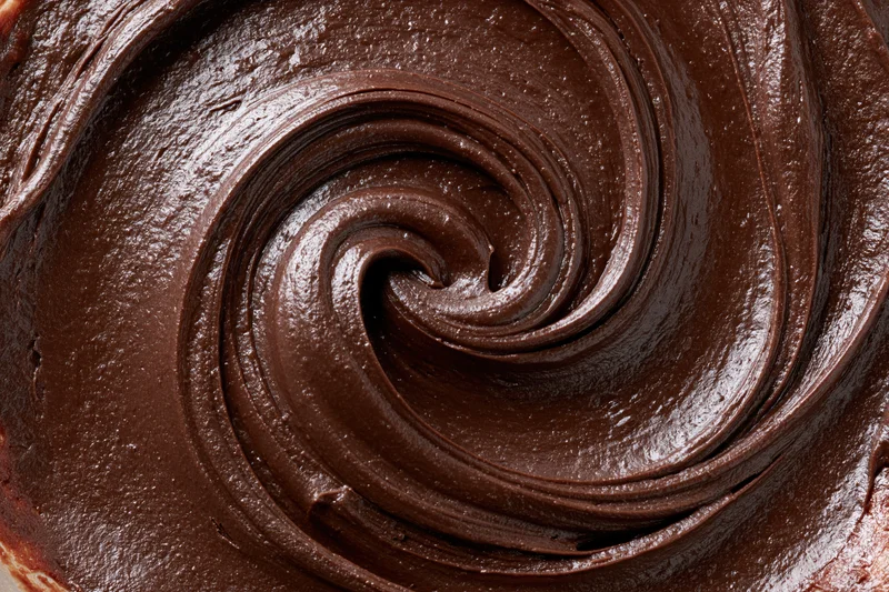 Close-up overhead view of dark chocolate ganache swirl with glossy texture