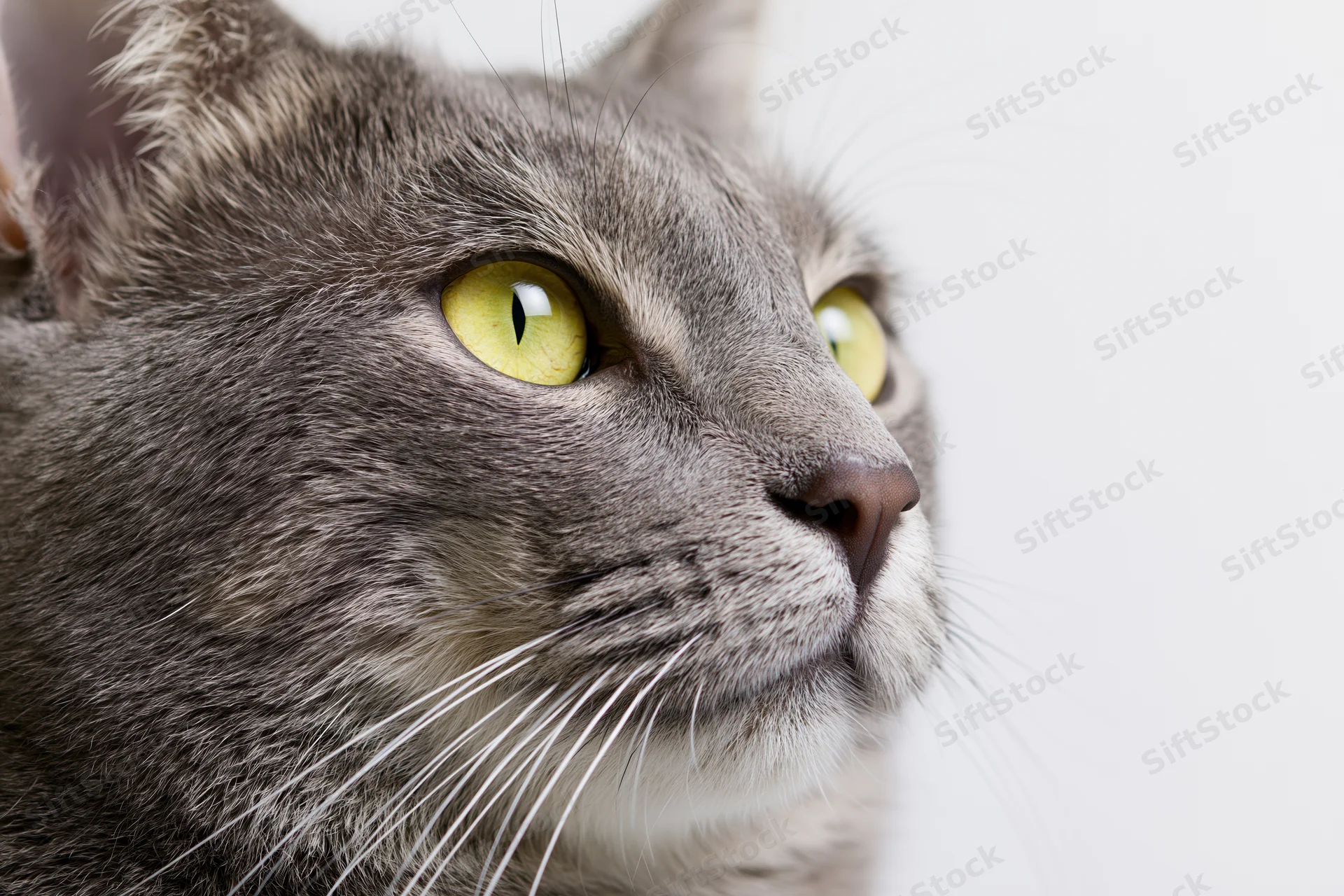Close-up of a grey tabby cat looking alert with yellow eyes against a white background