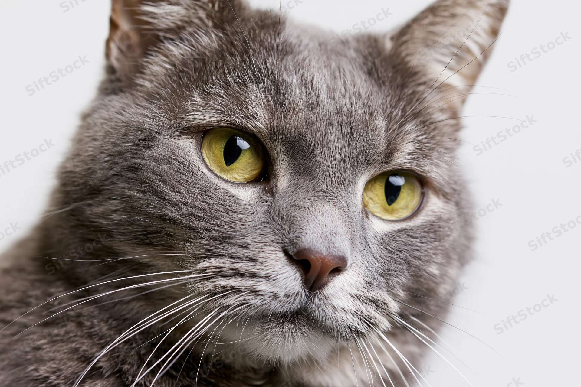 Close-up portrait of a grey tabby cat looking alert against a white background