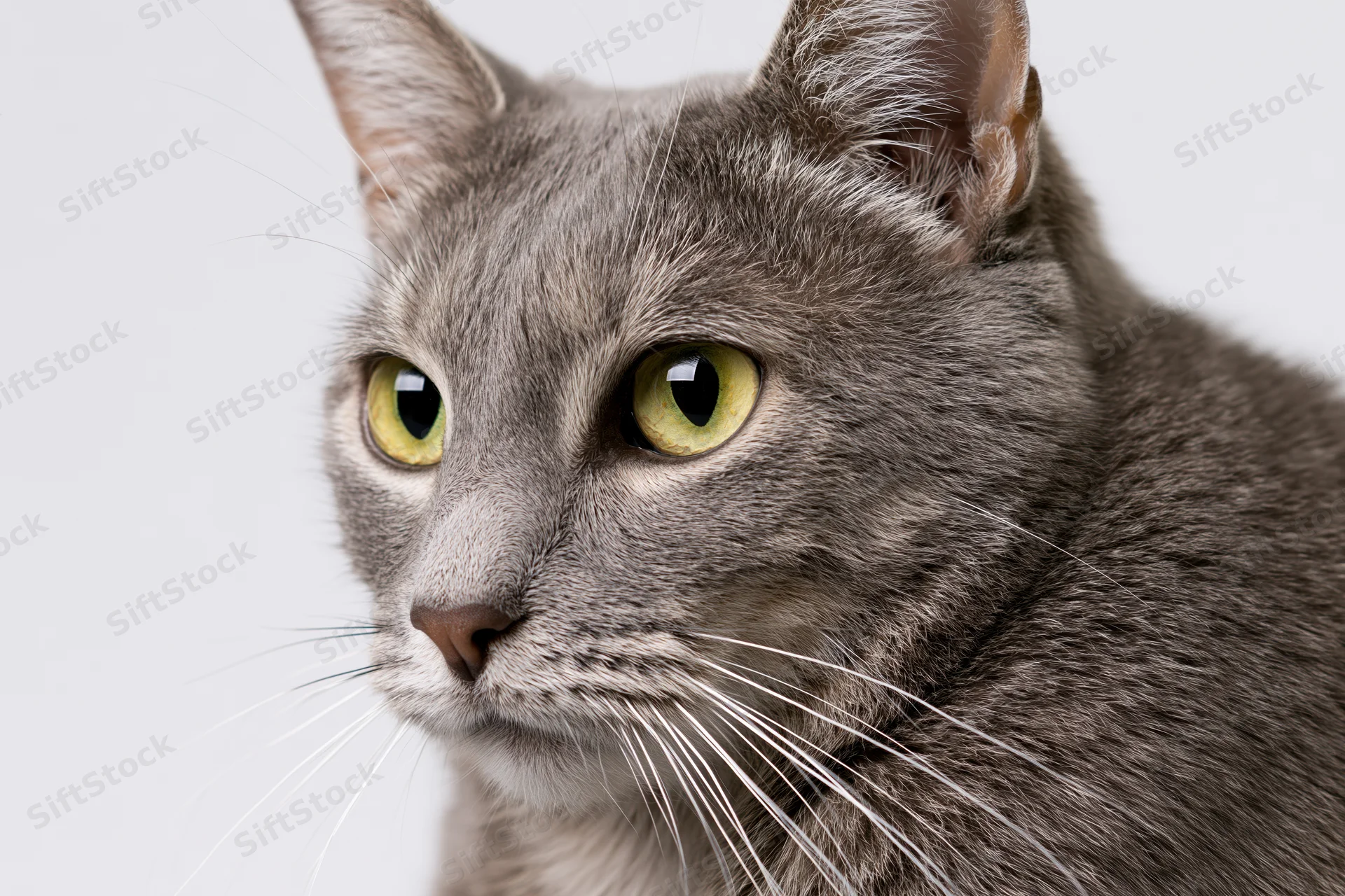 Close-up portrait of a grey tabby cat looking alert against a white background