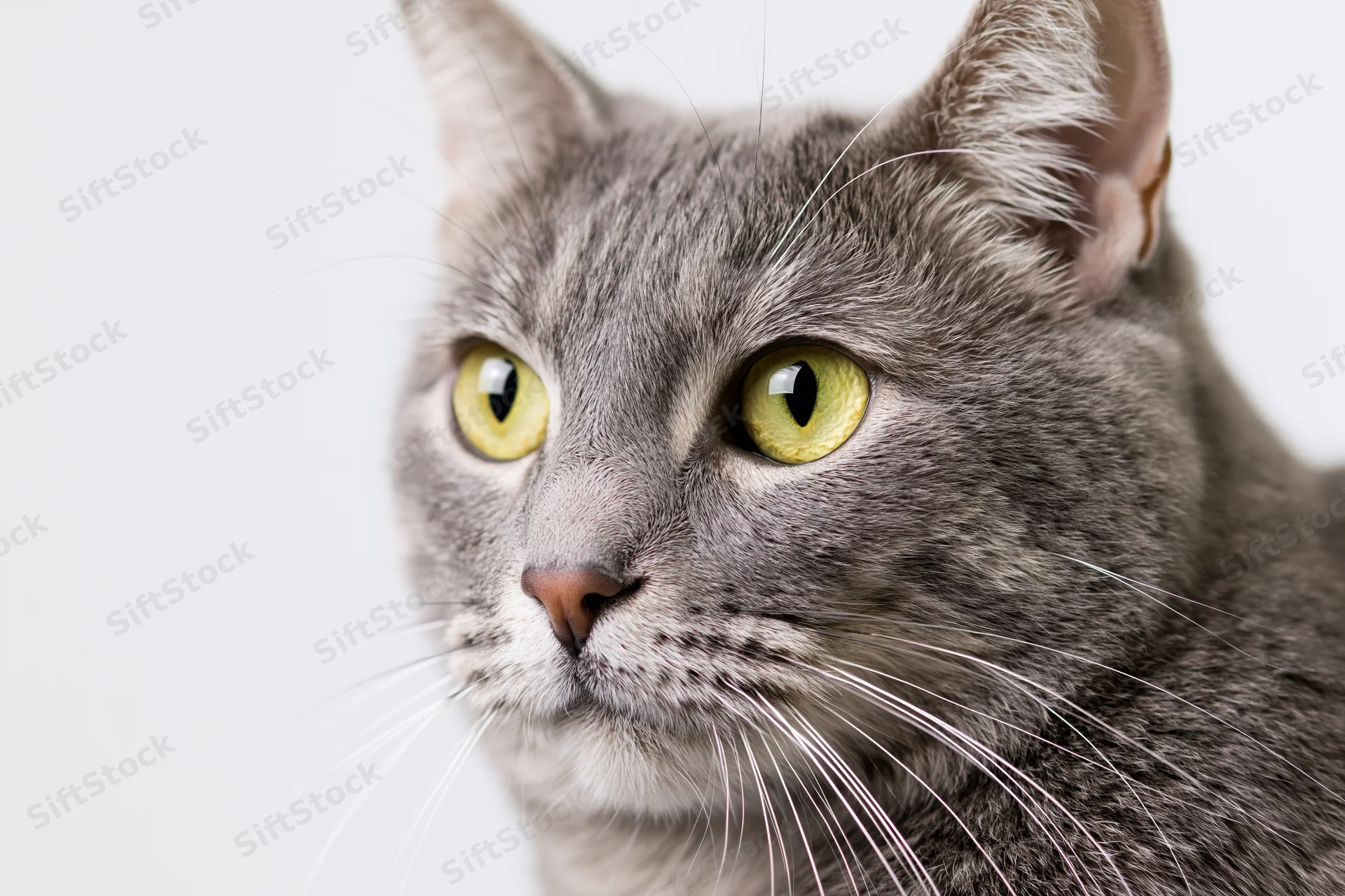 Close-up portrait of a grey tabby cat looking alert against a white background