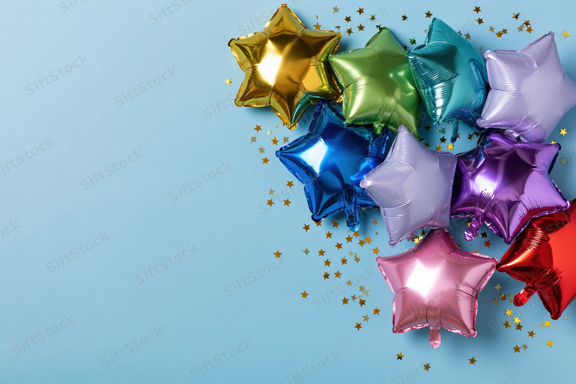 Metallic foil star-shaped balloons clustered on light blue background with golden confetti and copyspace