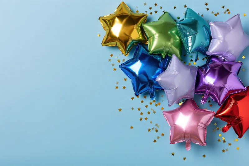 Metallic foil star-shaped balloons clustered on light blue background with golden confetti and copyspace