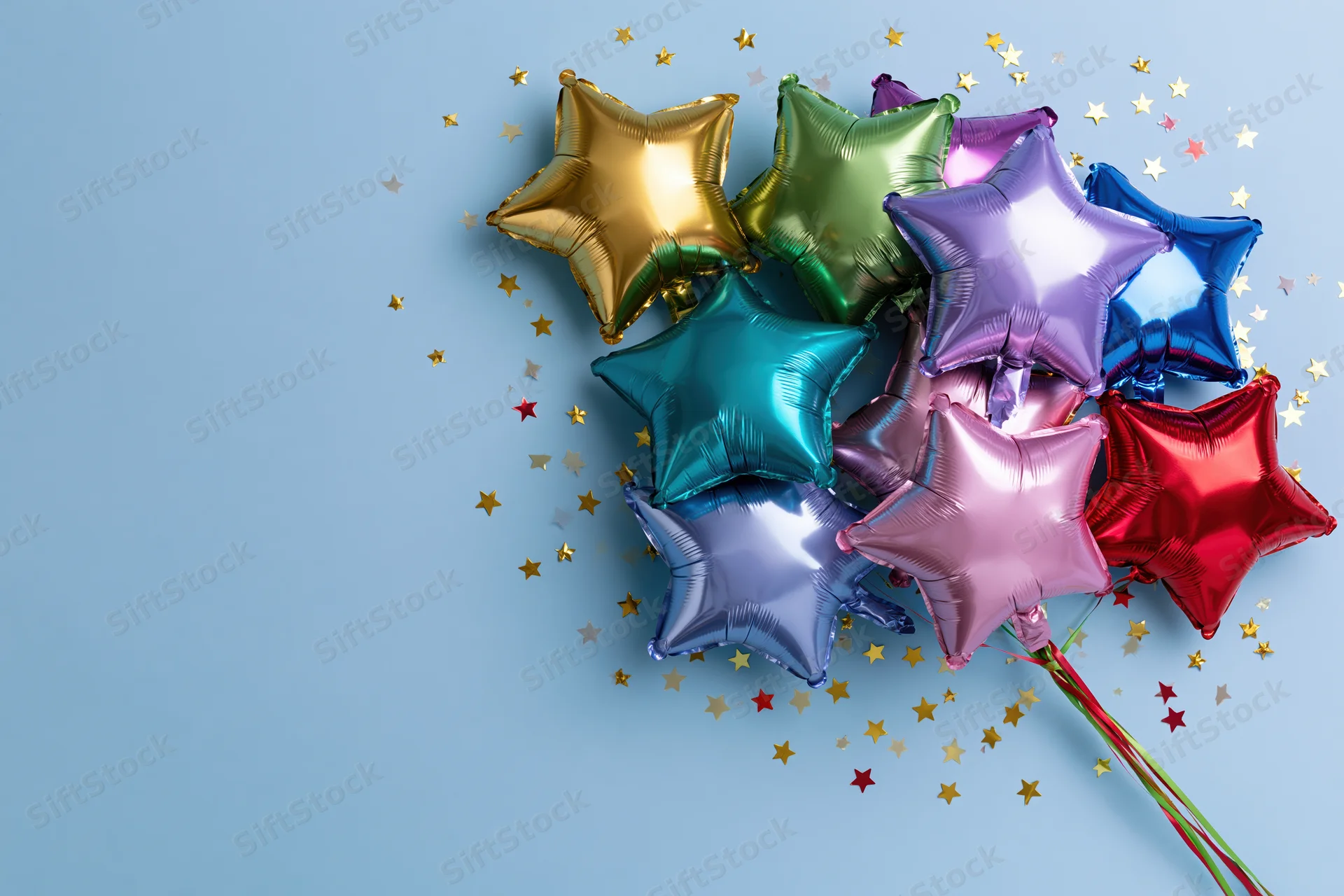 Cluster of metallic foil star-shaped balloons in assorted colors with confetti on light blue background