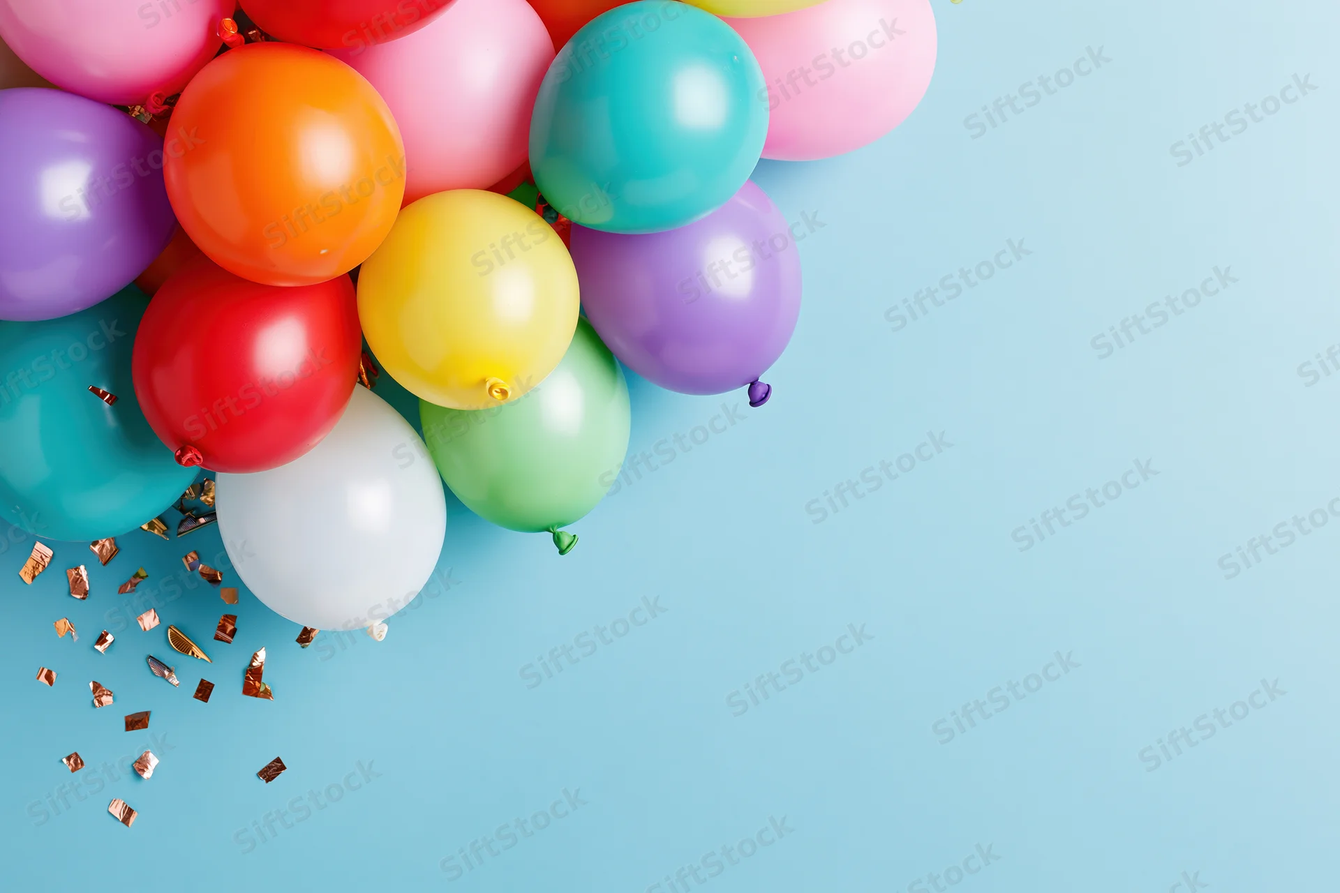 Cluster of multicolored latex balloons with confetti on light blue background