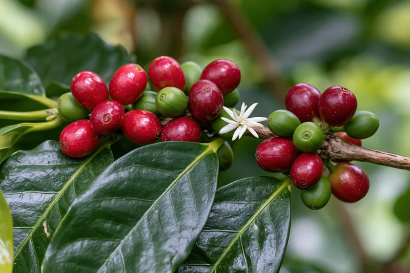Coffee plant branch with red and green cherries and a white flower among dark green leaves