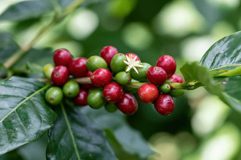 Coffee plant branch with red and green cherries and a white flower among green leaves