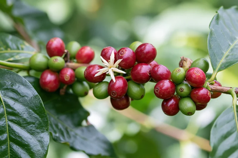 Coffee plant branch with red and green cherries and a white flower among green leaves