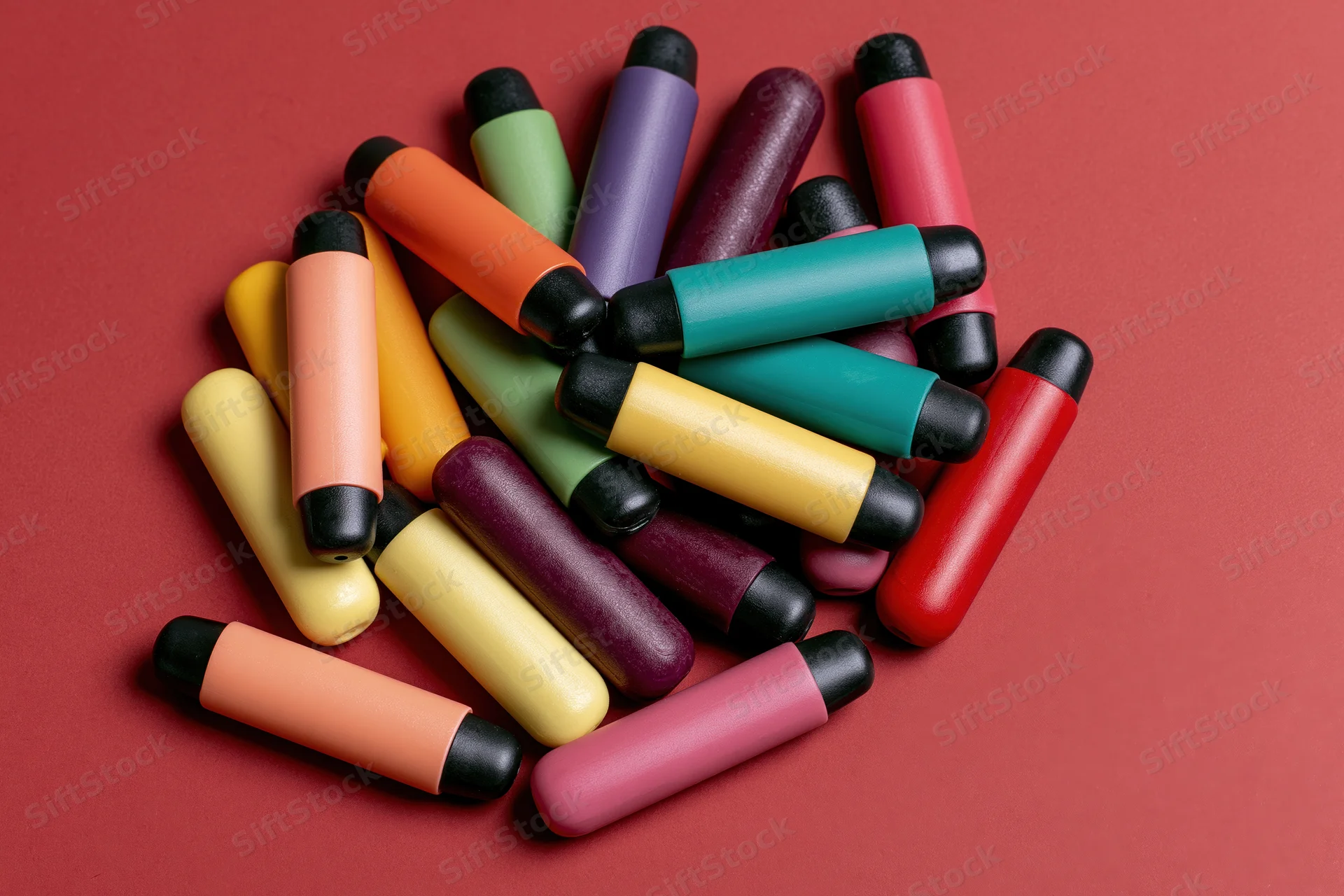 Colorful disposable vape pens scattered loosely on red background