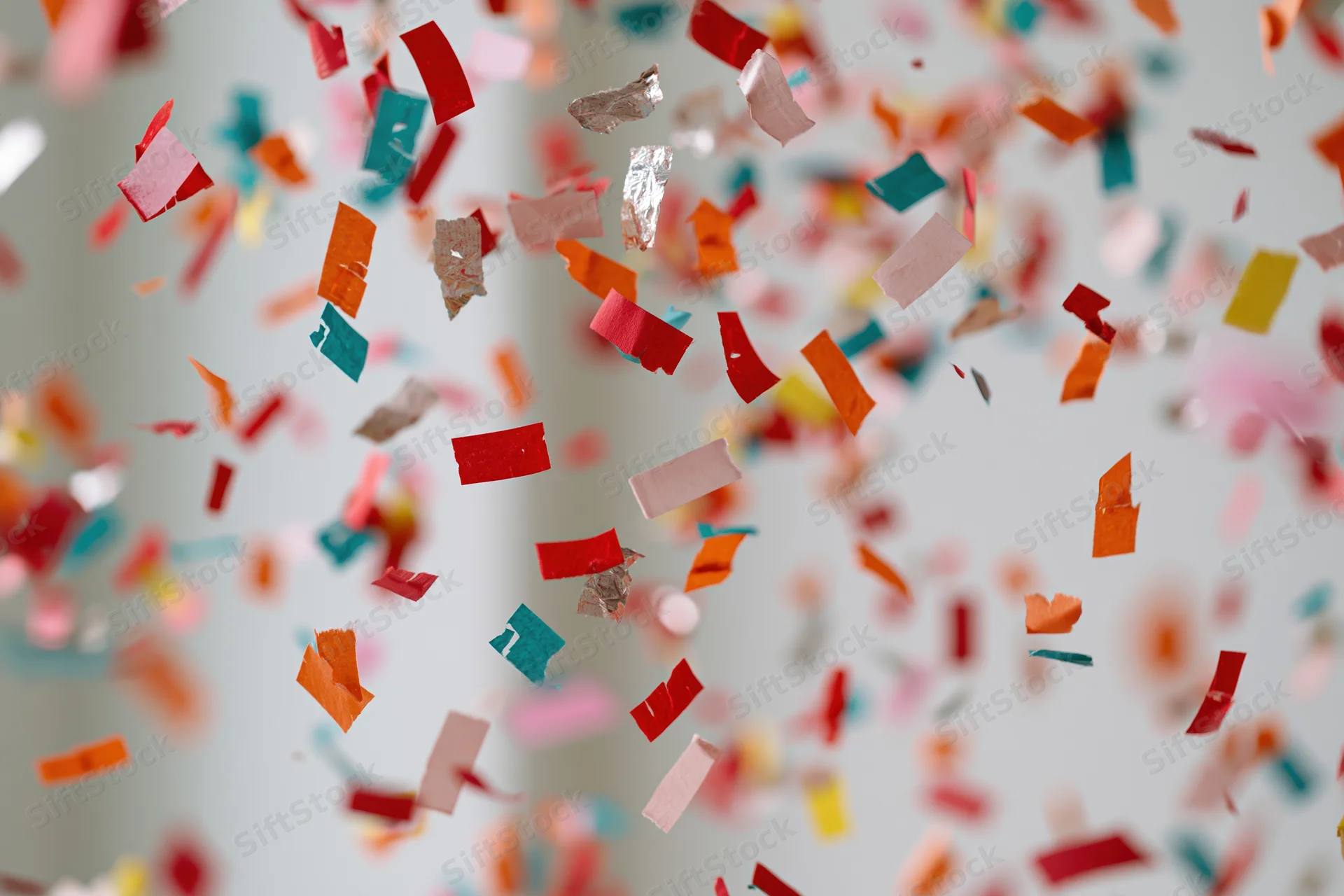 Colorful paper confetti pieces falling midair against a light background with copyspace
