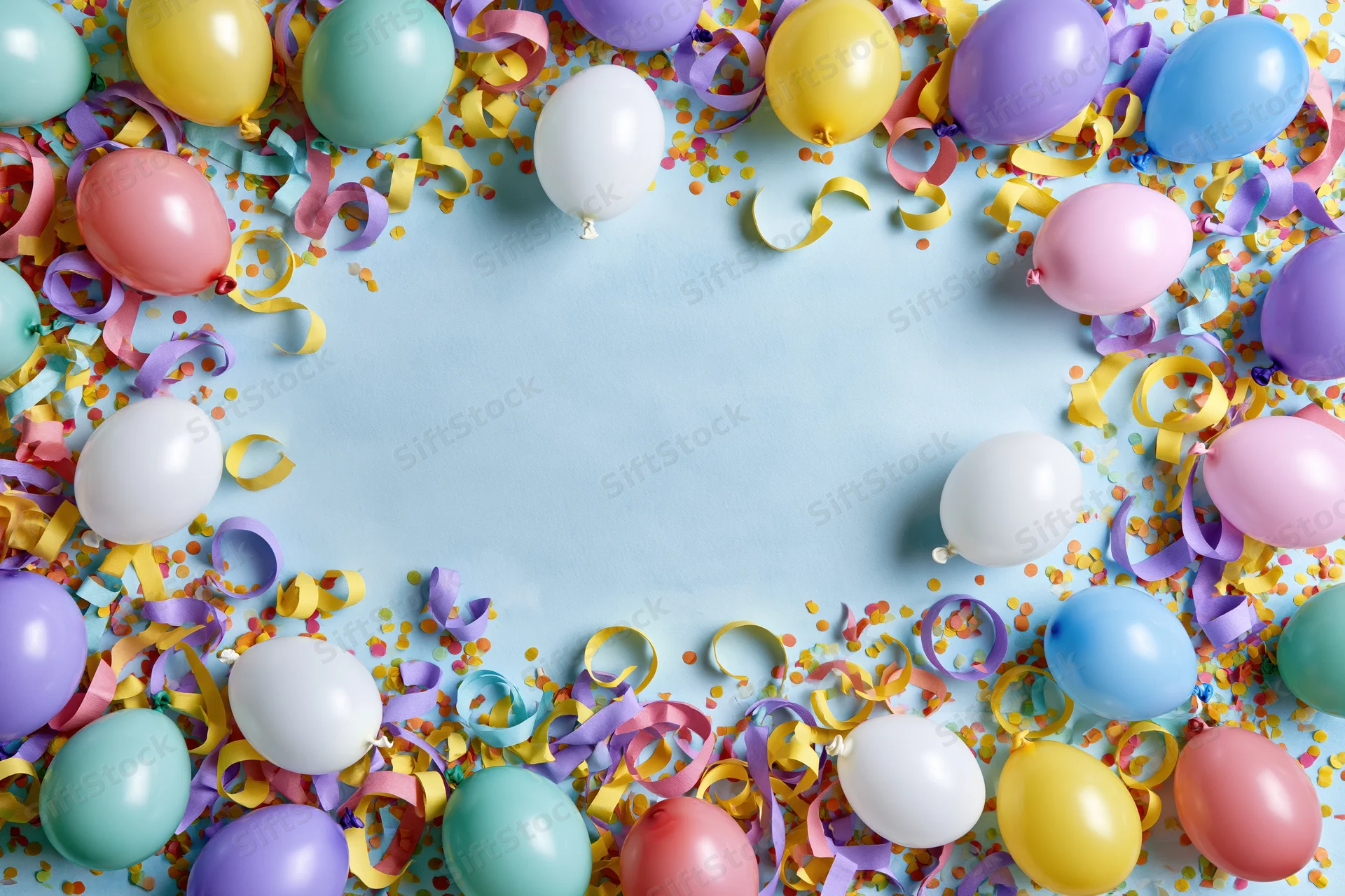 Colorful party balloons and curled paper streamers arranged in a frame around a light blue background with copyspace