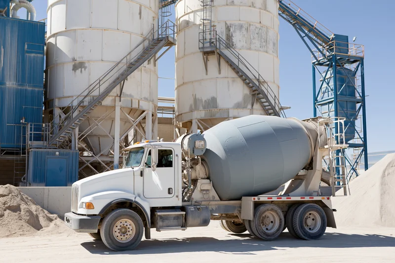 Concrete mixer truck parked at cement batching plant with storage silos and aggregate piles