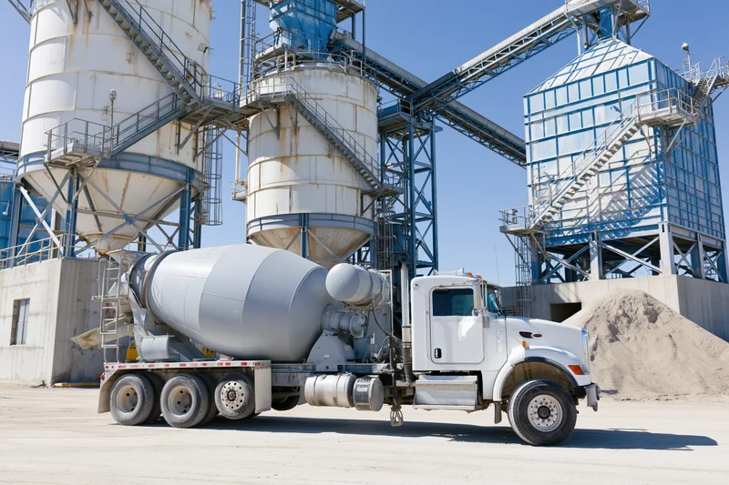 White concrete mixer truck parked at cement batching plant facility