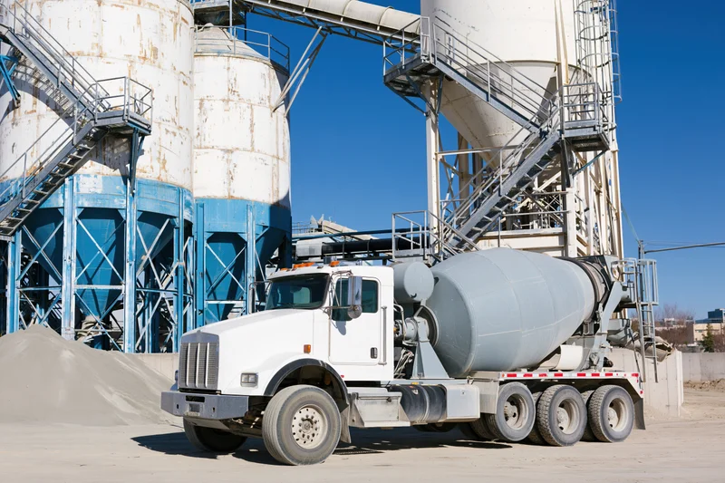 Concrete mixer truck parked at cement batching plant facility
