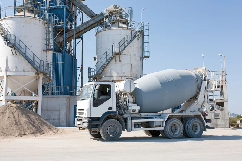 Concrete mixer truck parked at cement batching plant facility