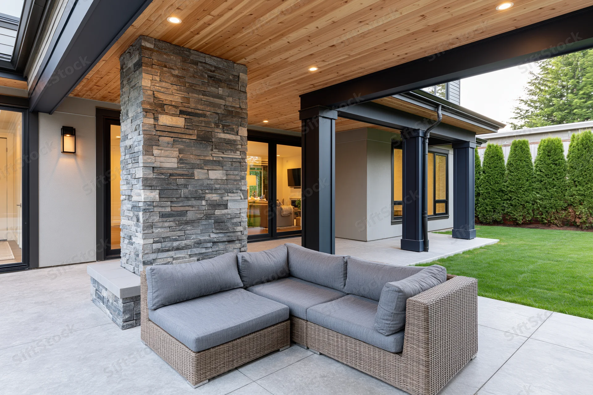 Modern covered patio with sectional wicker sofa and stacked-stone chimney overlooking backyard lawn
