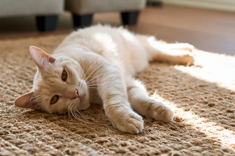 Cream-colored short-haired cat lying on its side on a woven jute rug in a sunlit living room