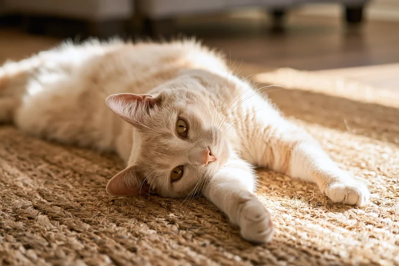Cream-colored short-haired cat lying on its side on a woven jute rug in a sunlit living room