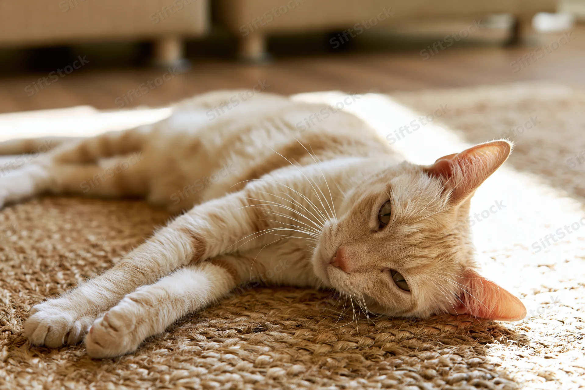 Cream-colored short-haired cat lying on its side on a woven jute rug in a sunlit living room
