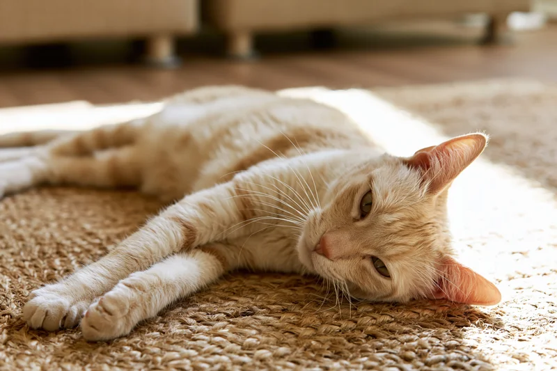 Cream-colored short-haired cat lying on its side on a woven jute rug in a sunlit living room