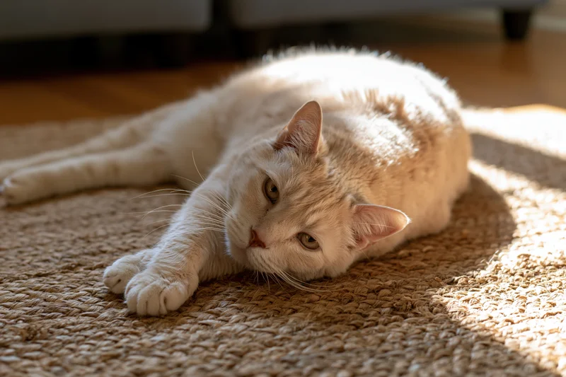 Cream-colored short-haired cat lying on its side on a woven rug in sunlight