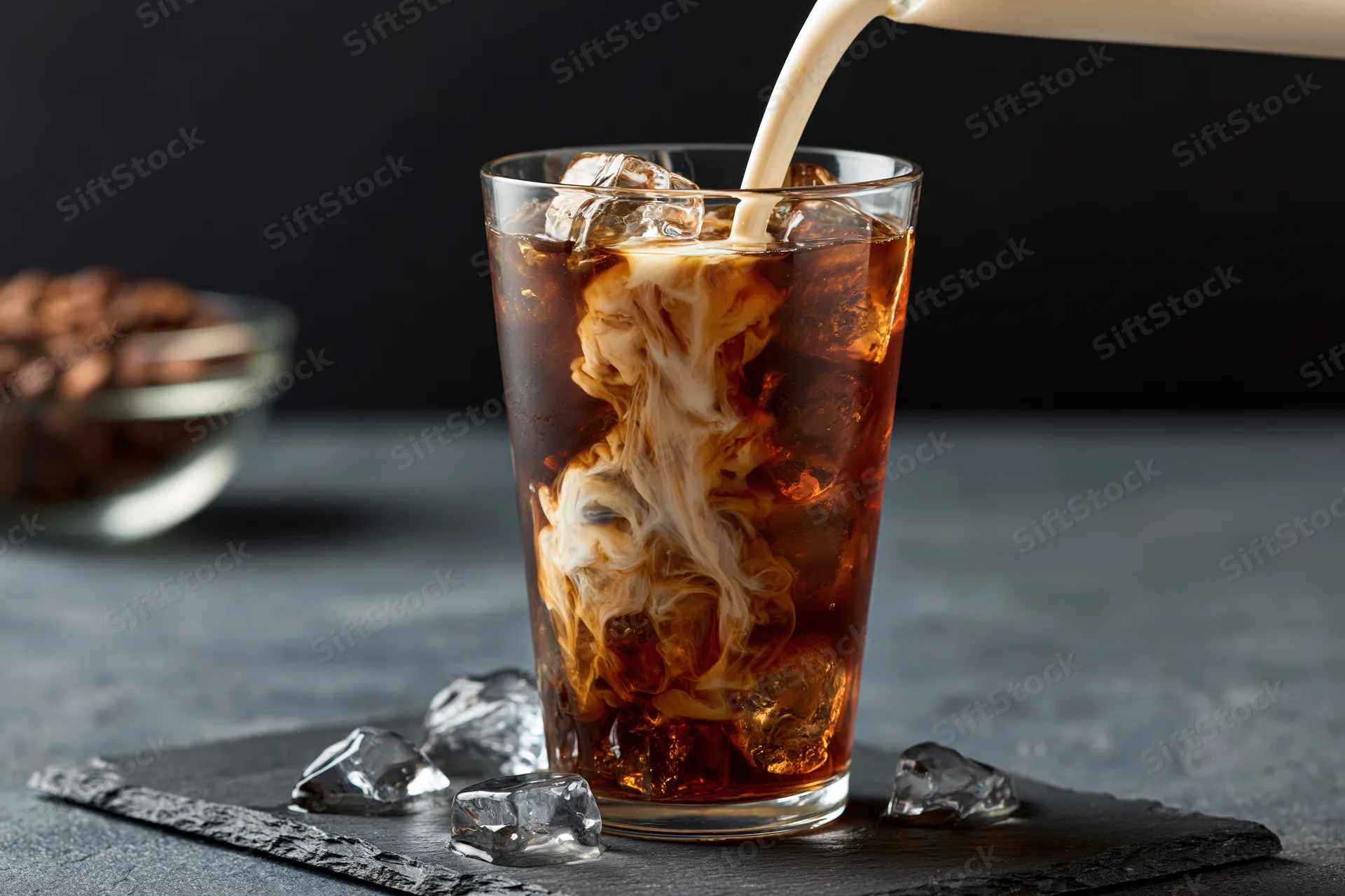 Cream being poured into a tall glass of iced coffee with ice cubes on a slate tray