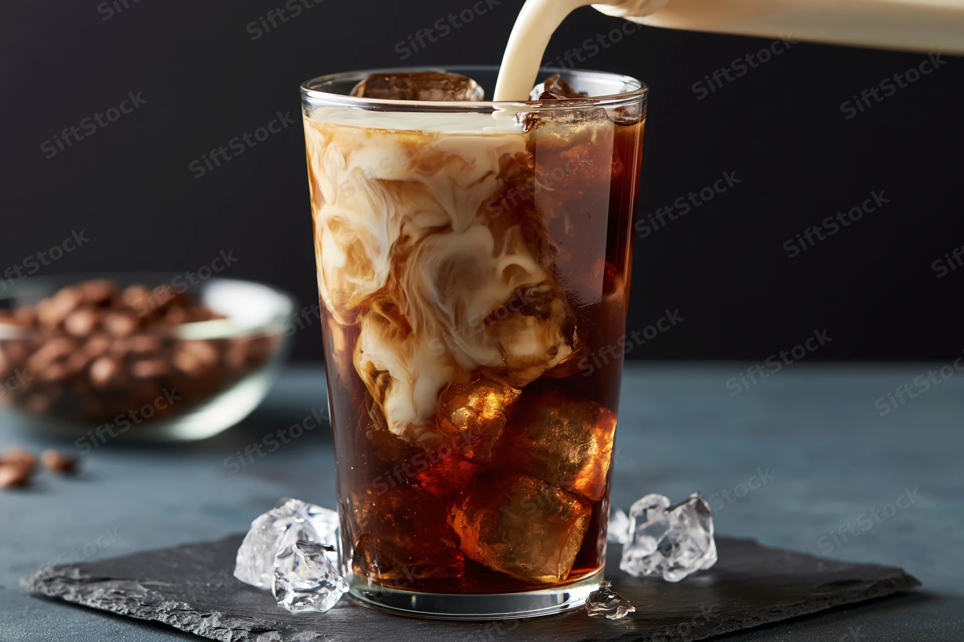 Cream being poured into a tall glass of iced coffee with ice cubes on a slate tray