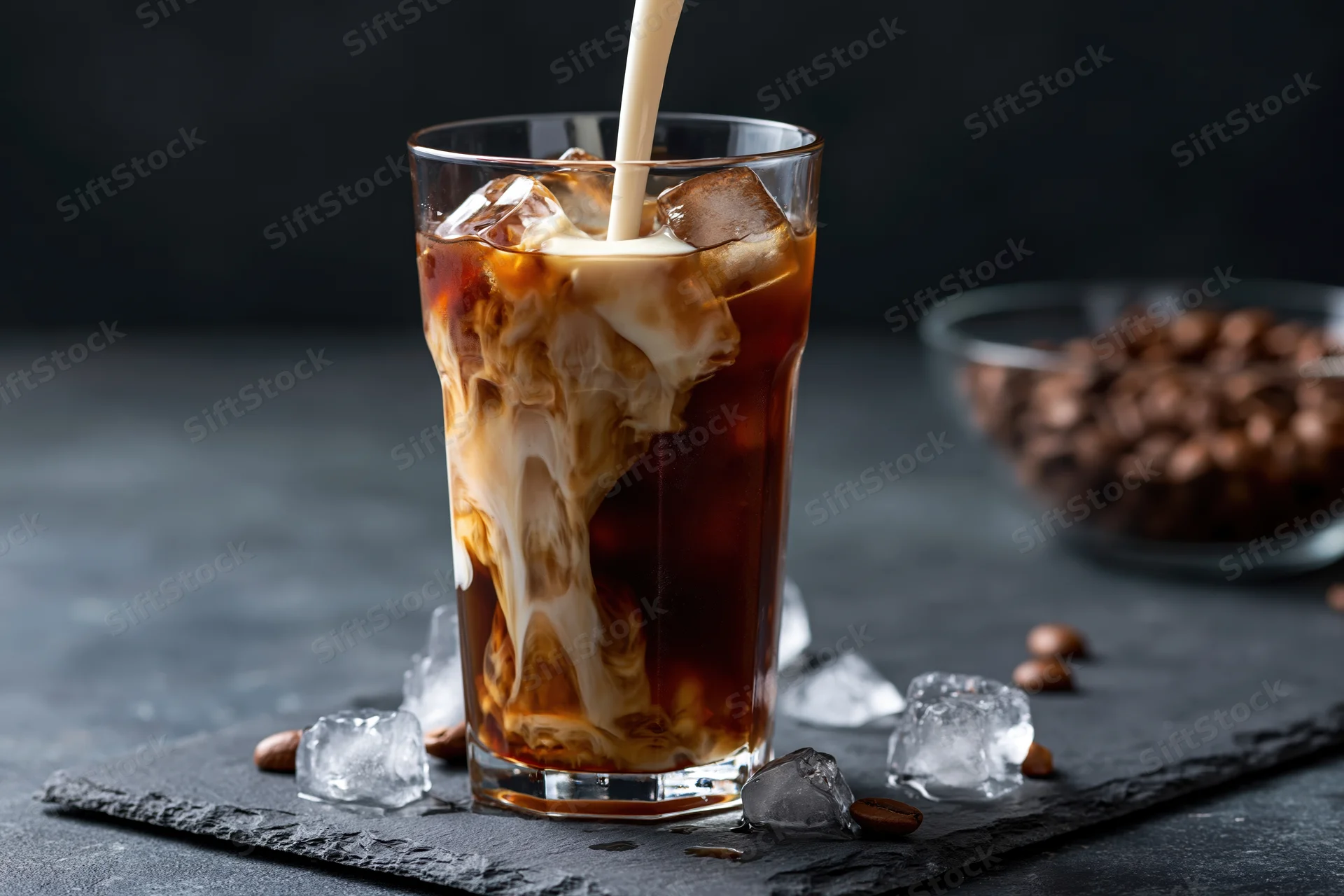 Cream being poured into a tall glass of iced coffee with ice cubes on a dark slate tray