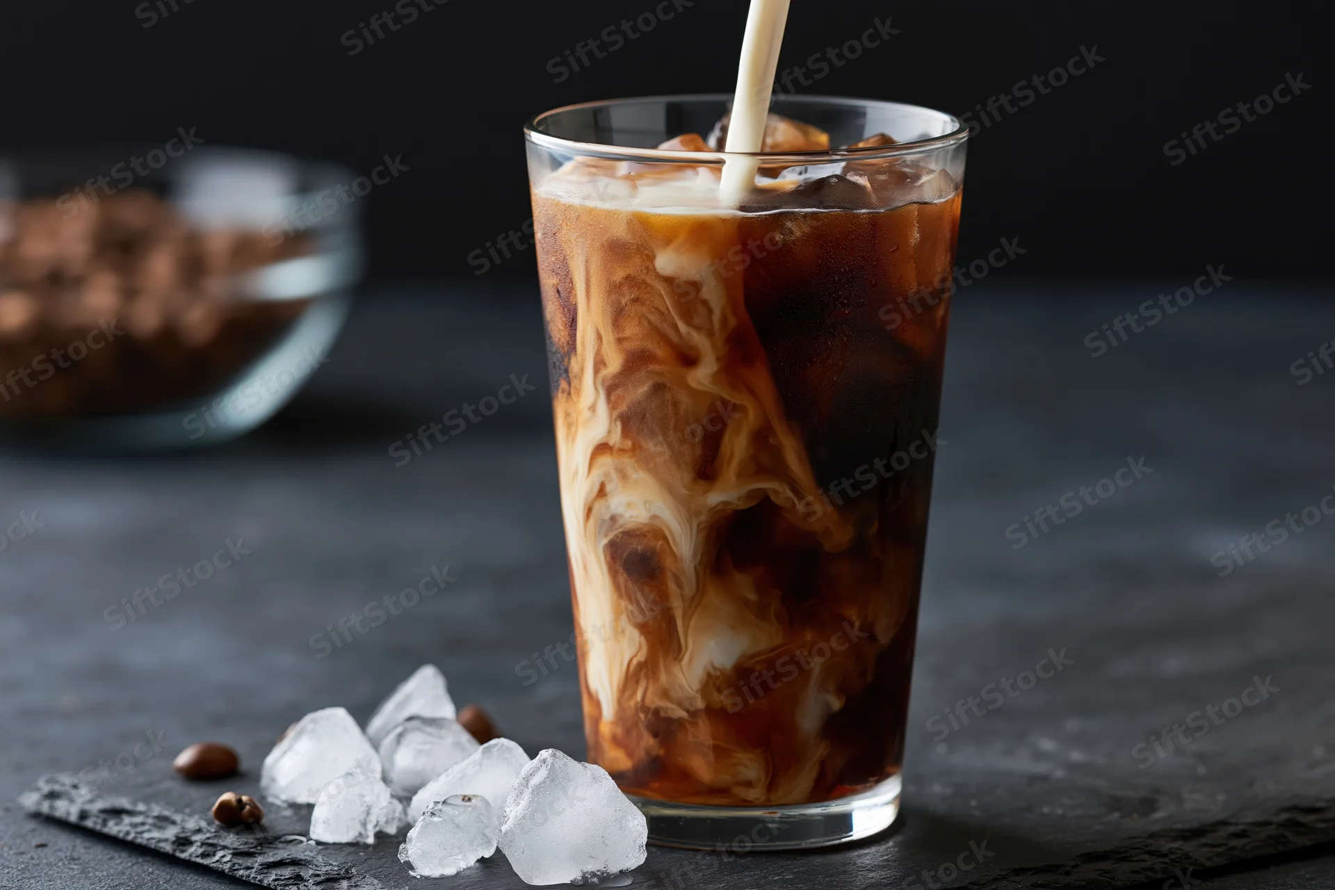 Cream swirling into a tall glass of iced coffee with ice cubes on a dark slate surface