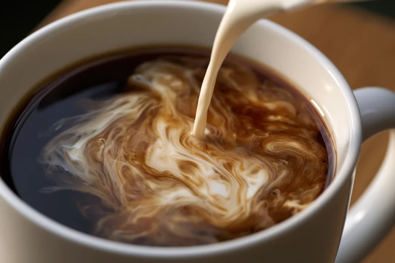 Cream being poured into a white ceramic mug of black coffee, creating swirling patterns on the surface