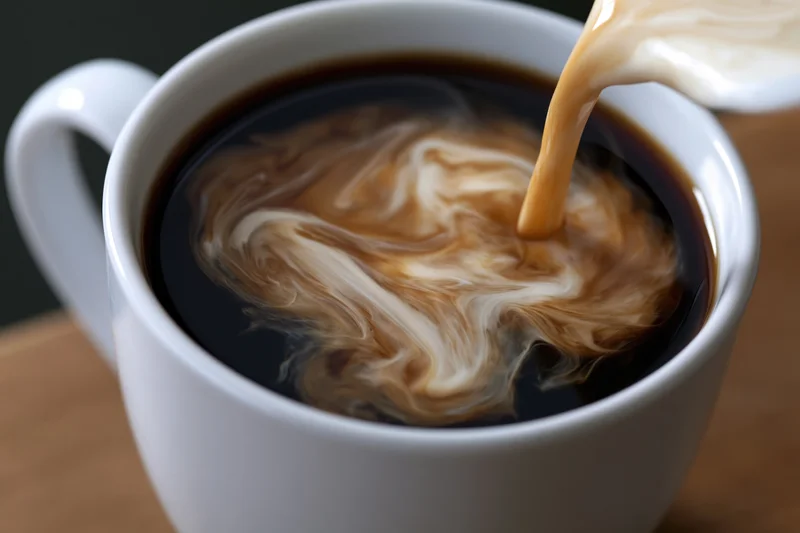 Cream being poured into a white ceramic mug of black coffee, creating swirling patterns on the surface