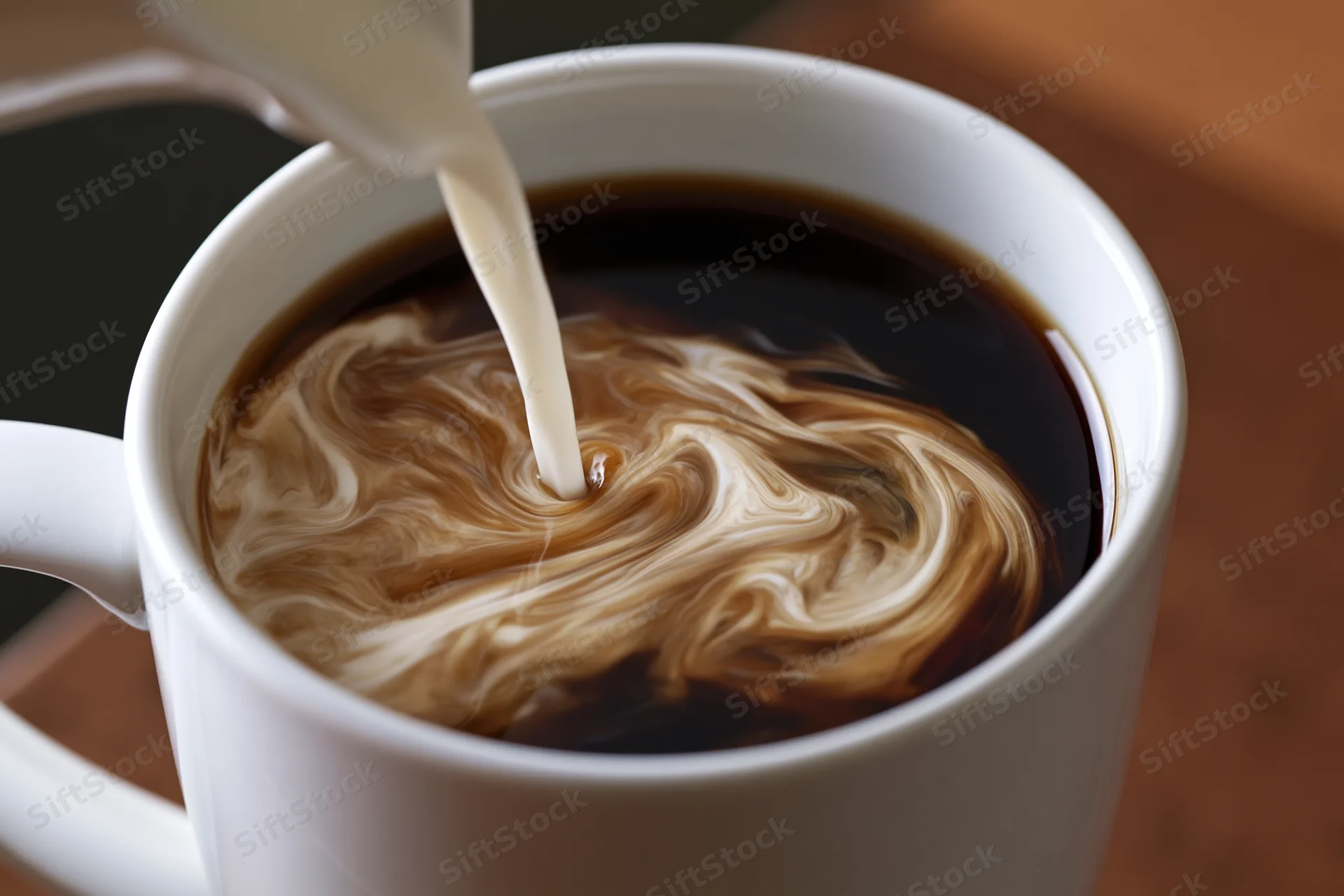 Cream being poured into a white ceramic mug of black coffee, creating swirling patterns on the surface